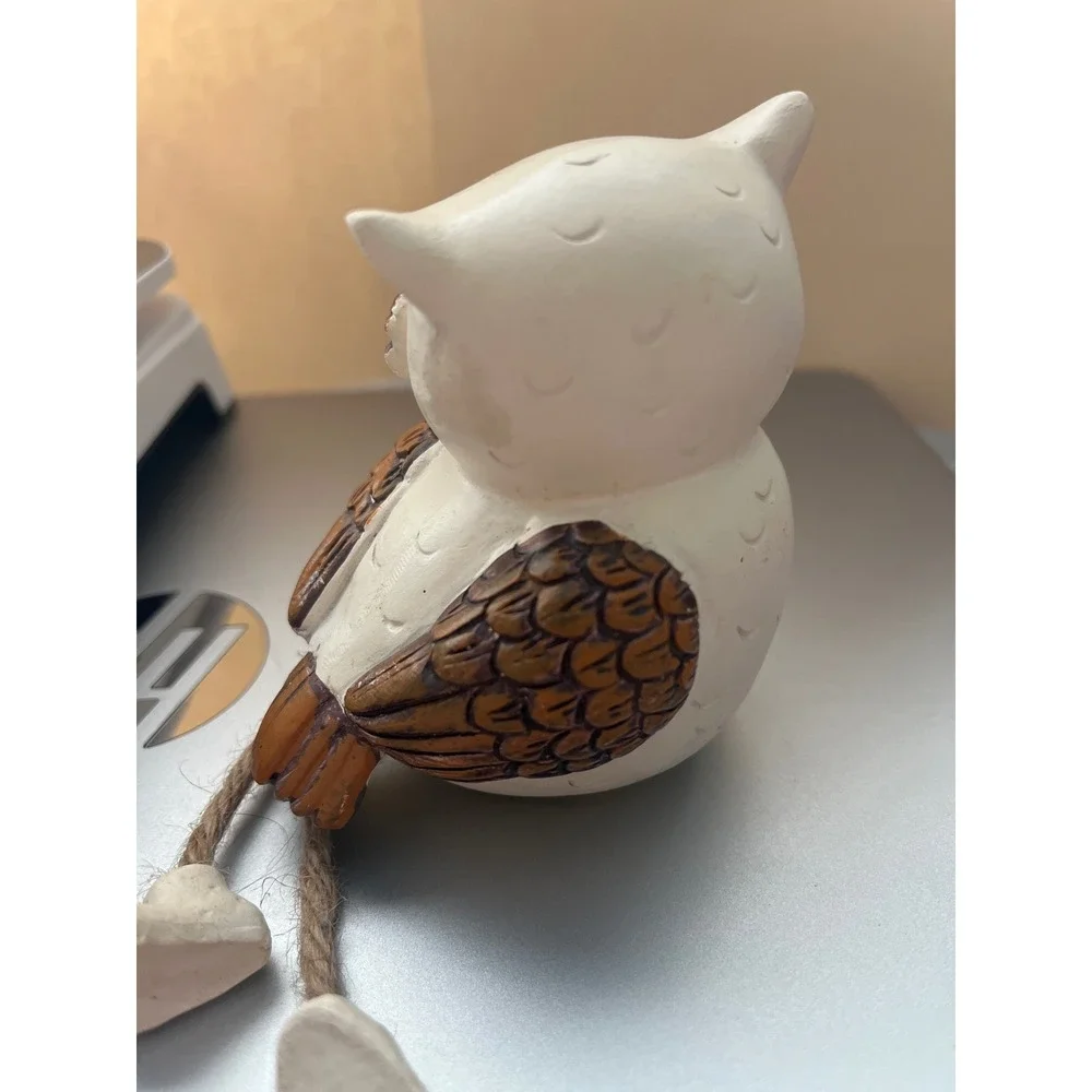 Rustic Owl Shelf Sitter Figurine White Brown Jute Rope Dangling Legs Decor